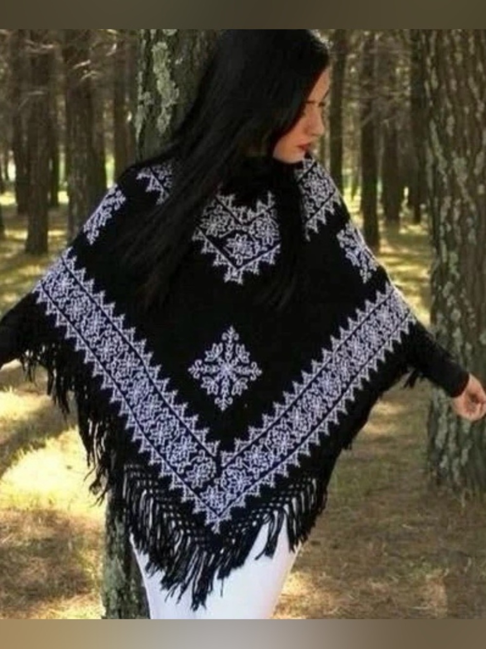 Vintage Handwoven Black & White Embroidered Poncho Shawl Folk Art Fringe Artisan
